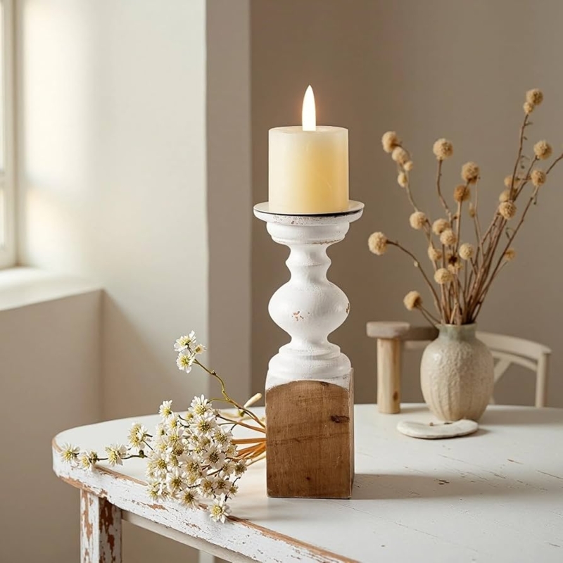 Two-Tone Candle Holder Square Base, White Farmhouse Mantel Decor