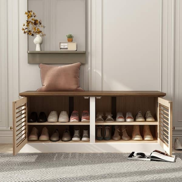 Two-Tone Cream and Brown Shoe Storage Bench with Louvered Doors