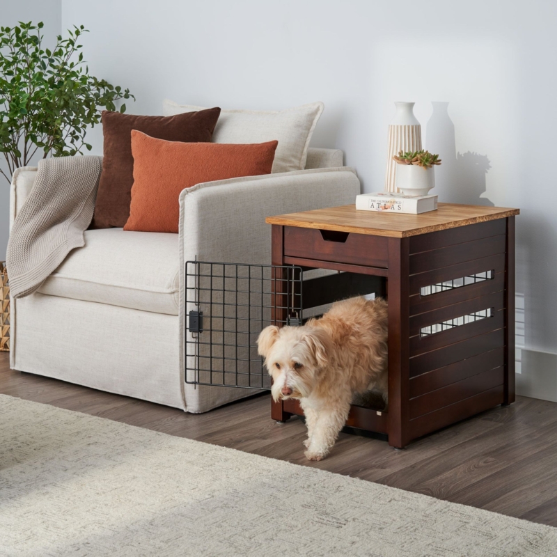 Two-Tone Dog Crate End Table Slatted Ventilation Integrated Handle