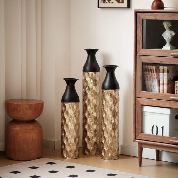 Two-Tone Floor Vases Set Hexagonal Pattern Modern Glam Decor