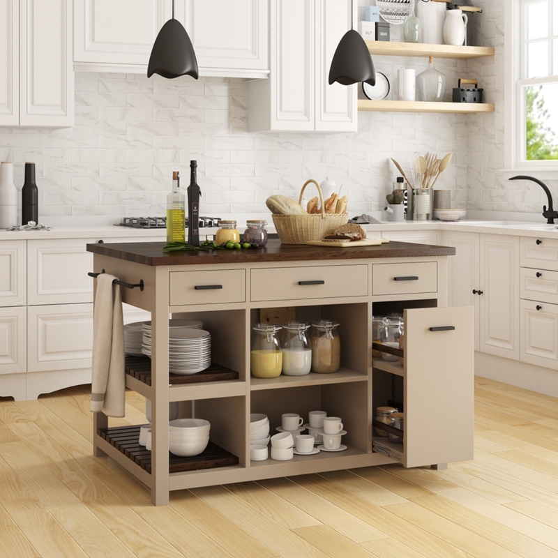 Two-Tone Kitchen Island Slatted Shelves Towel Bar