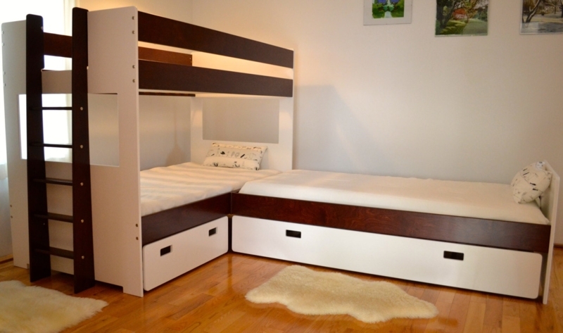 Two-Tone L-Shaped Bunk Bed in White and Espresso with Drawers