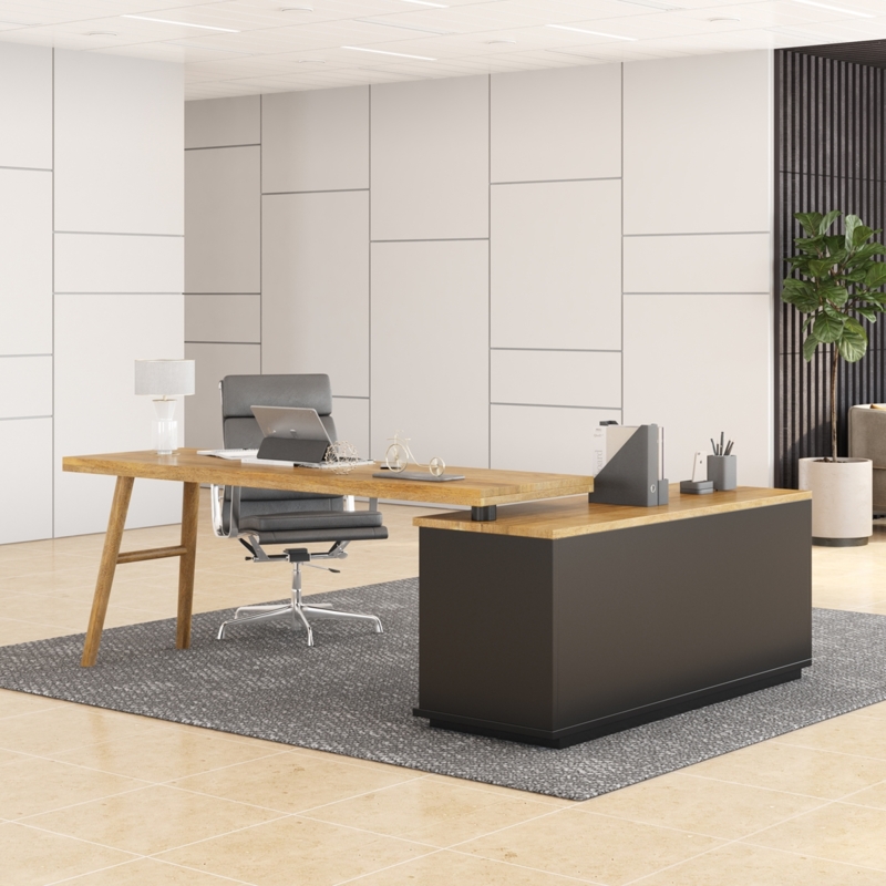 Two-Tone L-Shaped Desk with Rotating Top and Charcoal Storage Base