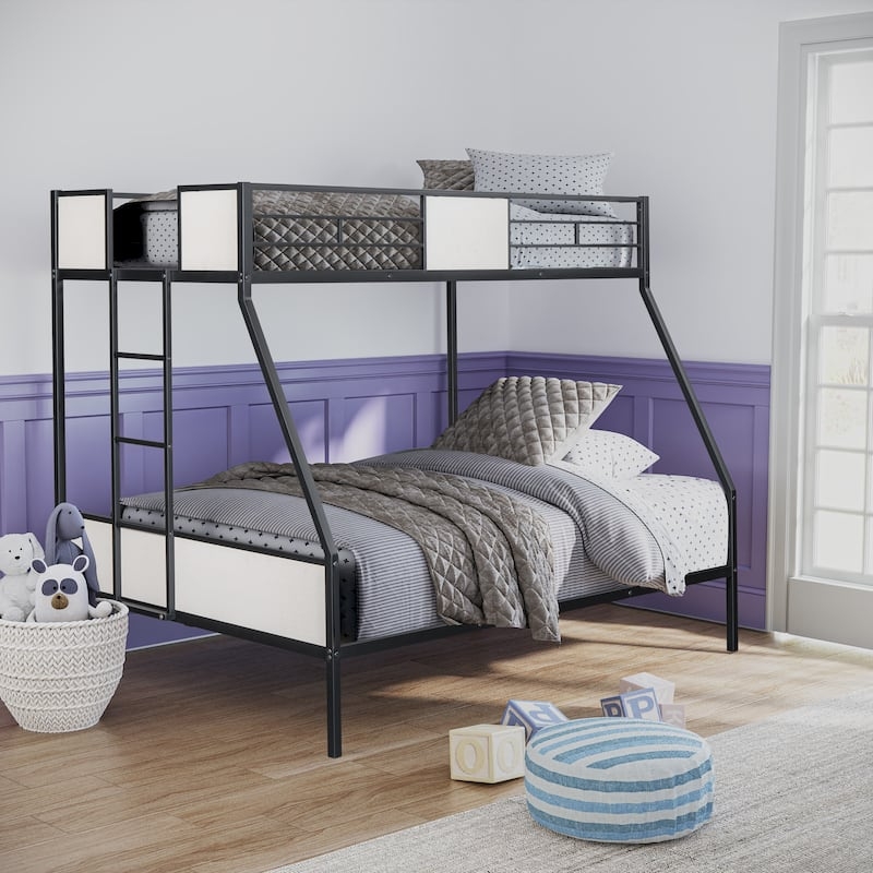 Two-Tone Modern Bunk Bed White Panels Slanted Industrial Supports