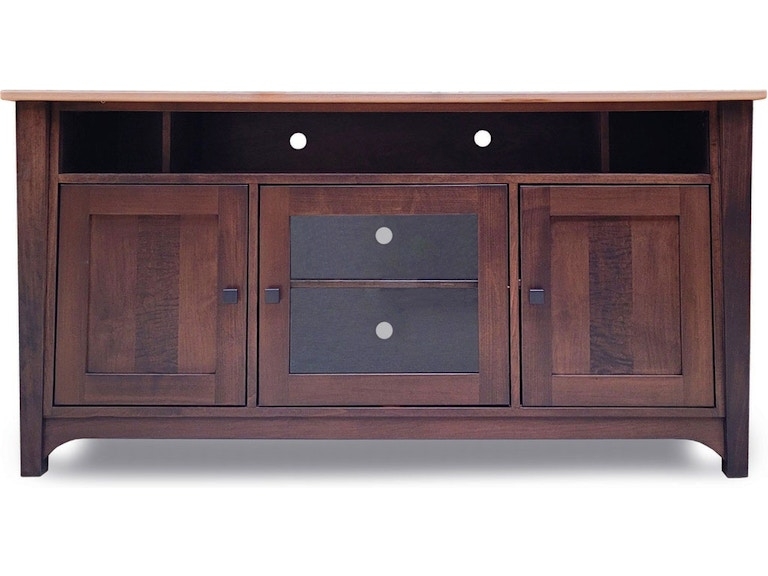 Two-Tone TV Console Espresso Maple Glass Center Panel Arched Base