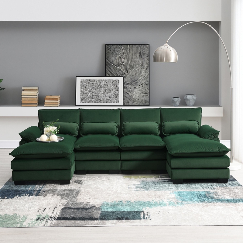 U-Shaped Sectional Double Chaise Lumbar Pillows Emerald Green