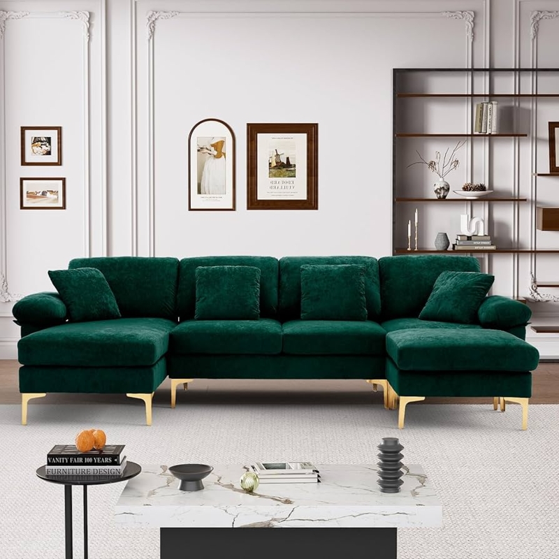 U-Shaped Sectional Emerald Green Velvet Gold Tapered Legs Glam