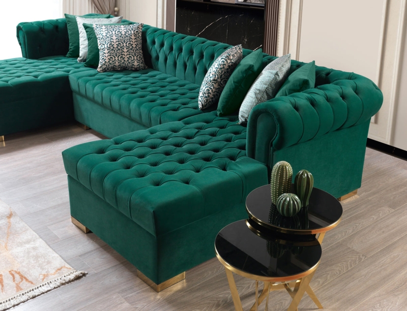 U-Shaped Sectional Emerald Velvet Chesterfield Rolled Arms Tufted