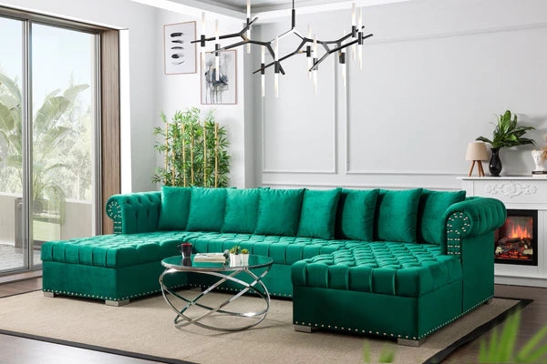 U-Shaped Sectional Emerald Velvet Double Chaise Nailhead Trim