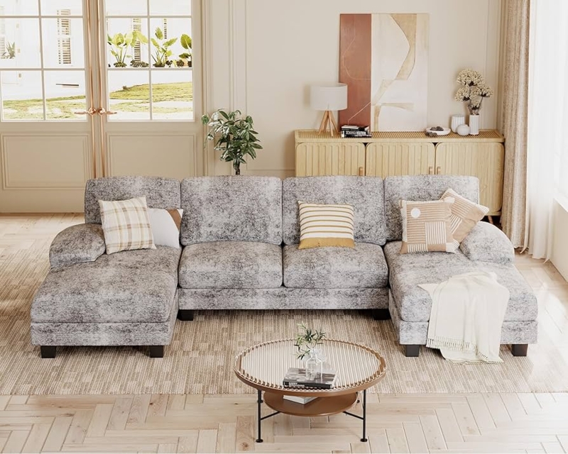 U-Shaped Sectional Sofa in Mottled Gray Chenille with Double Chaise