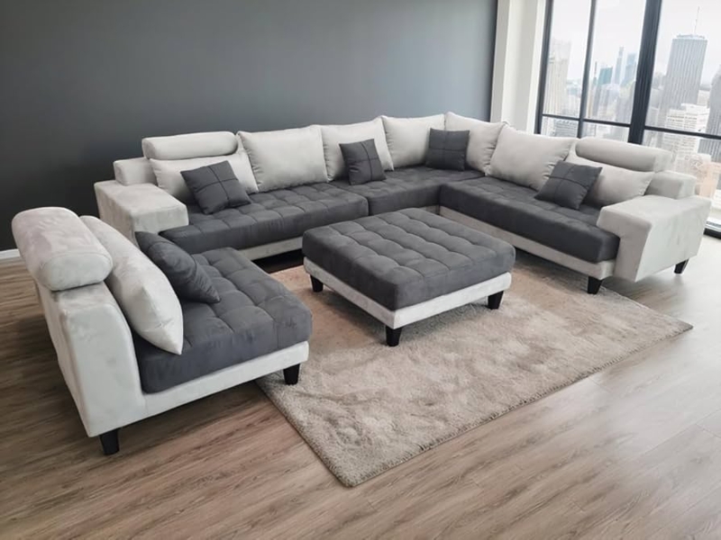U-Shaped Sectional Sofa with Adjustable Headrests and Tufted Seats in Two-Tone Grey