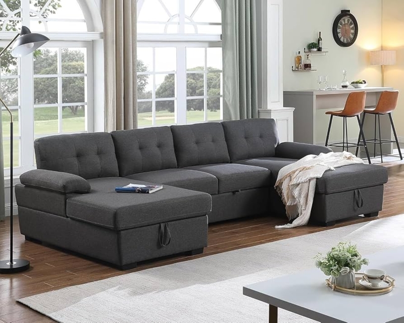U Shaped Sectional Storage Chaise Tufted Back Modular Design