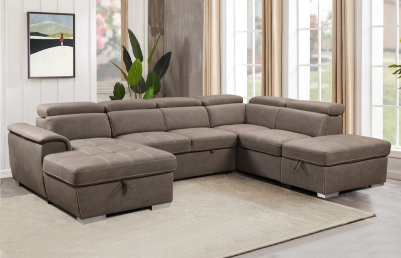 U-Shaped Sectional with Adjustable Headrests and Pull-Out Sleeper in Taupe
