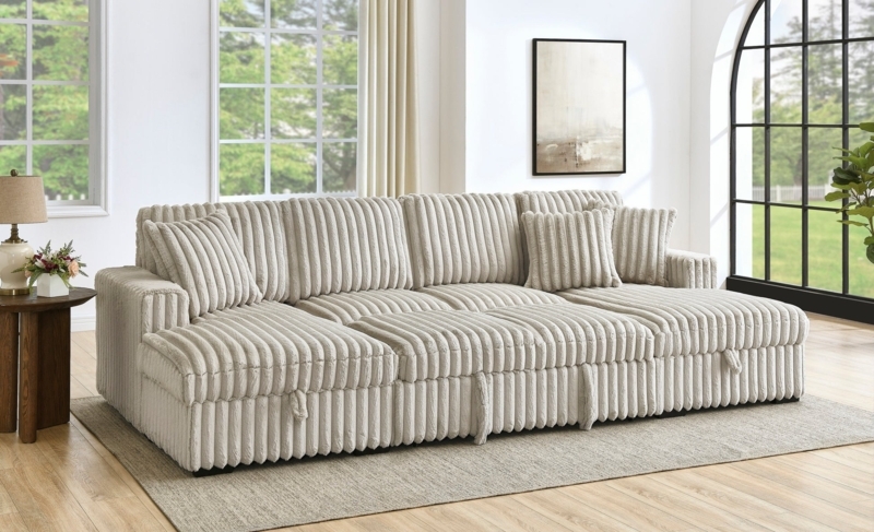 U Shaped Sleeper Sofa Wide Wale Ribbing Oversized Cream