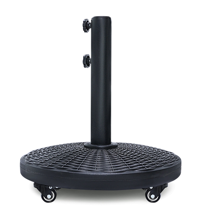 Umbrella Base Woven Pattern, Caster Wheels Dual Knobs Resin Material.