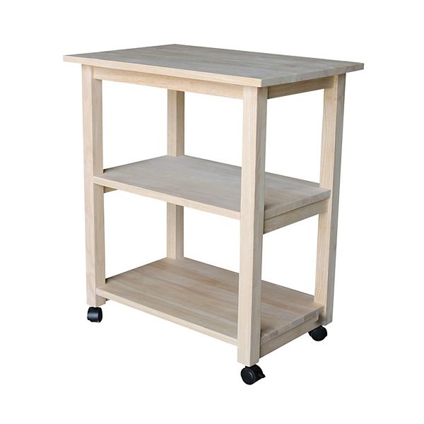 Unfinished Wood Rolling Cart with Three Tier Open Shelving