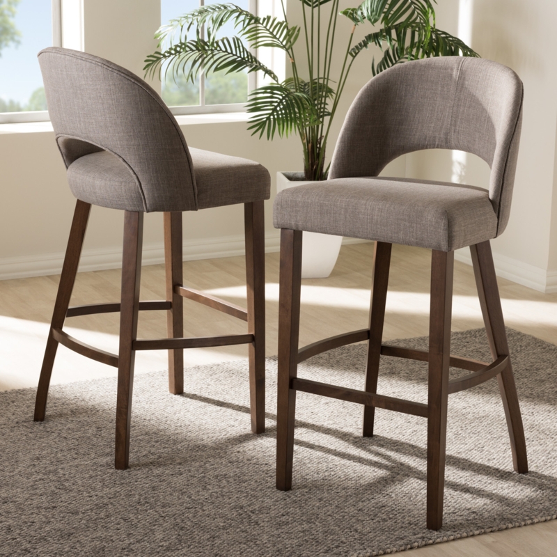 Upholstered Bar Stools with Curved Cutout Back and Walnut Finish
