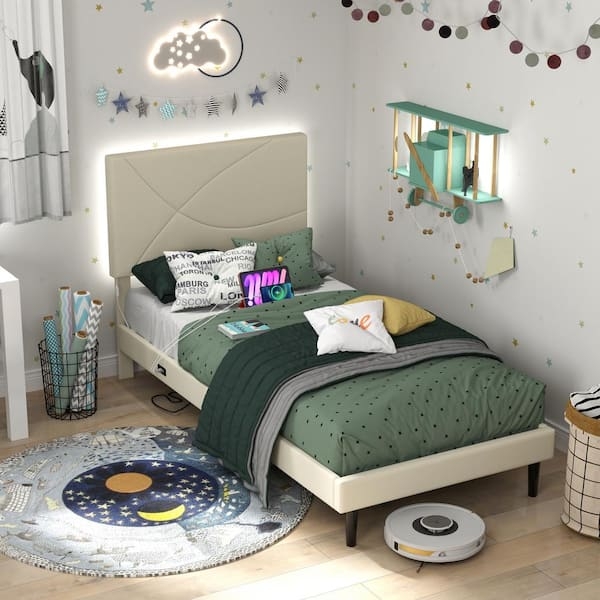 Upholstered Bed, Beige Geometric Stitching with LED Backlit Headboard