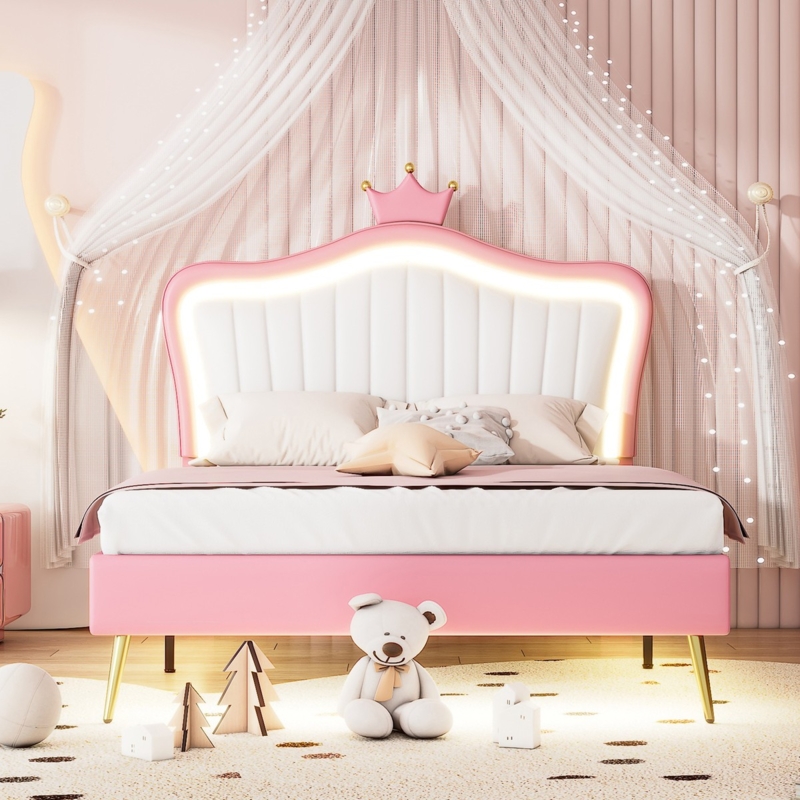 Upholstered Bed: Blush Pink with LED Backlit Headboard & Crown