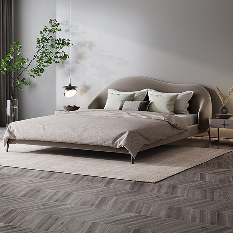 Upholstered Bed Taupe Asymmetrical Curved Headboard Wingback