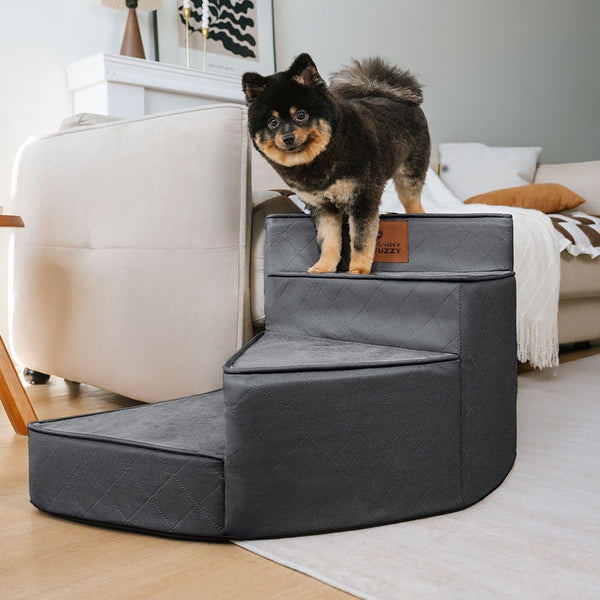 Upholstered Dog Stairs Diamond Quilted Stitching Curved Wedge Base