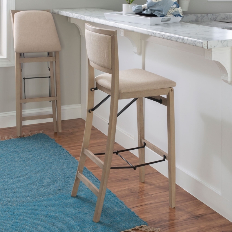 Upholstered Folding Bar Stool High Backrest Warm Beige Natural Wood