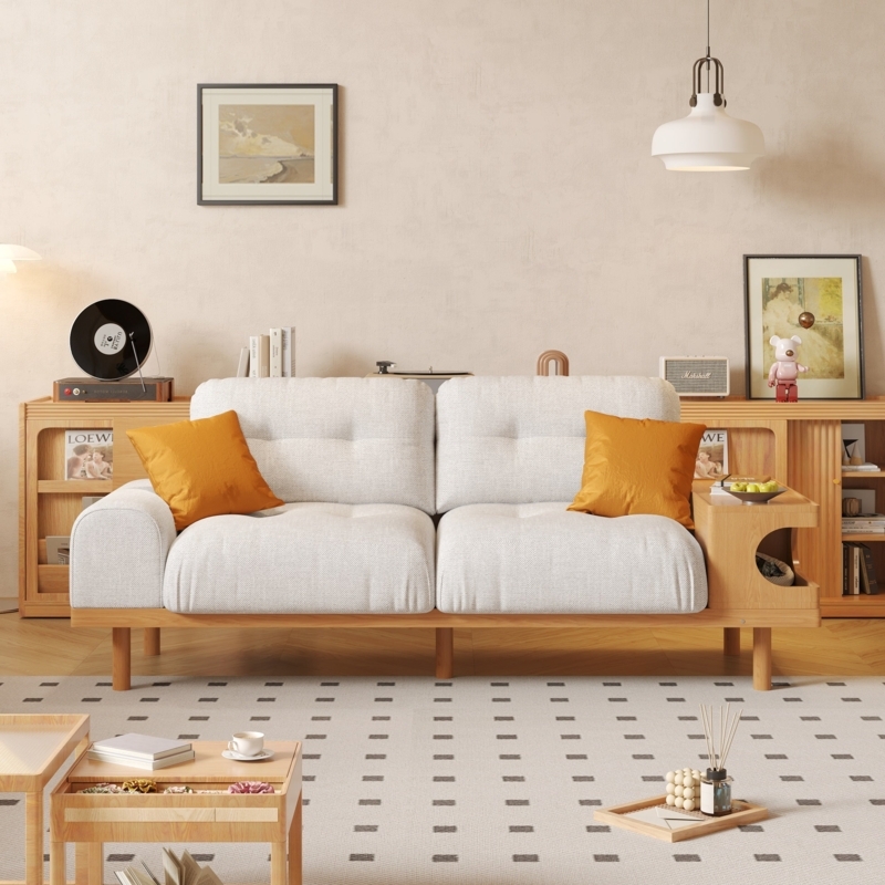 Upholstered Sofa with Integrated Wooden Cat Den and Side Table