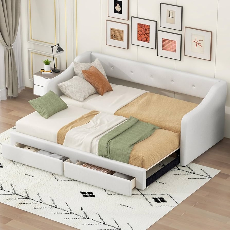 Upholstered Tufted Daybed, Cream, with Trundle & Storage Drawers