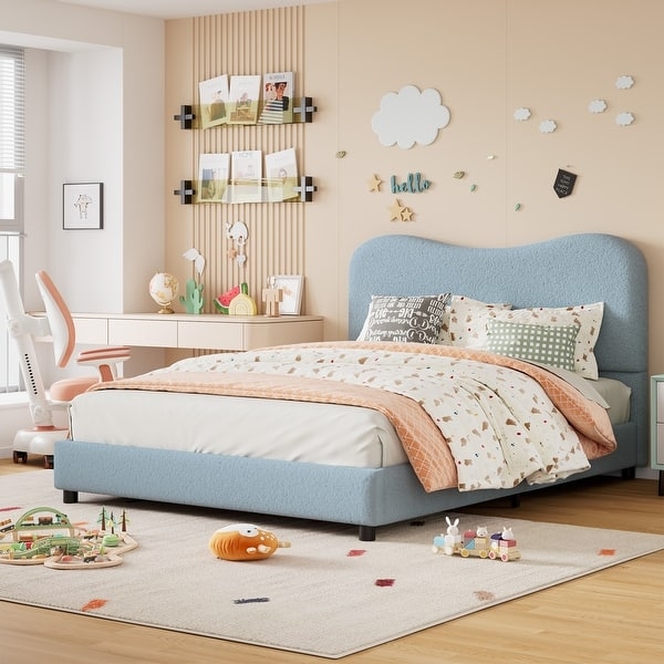 Upholstered Twin Bed, Powder Blue Scalloped Headboard Low Profile