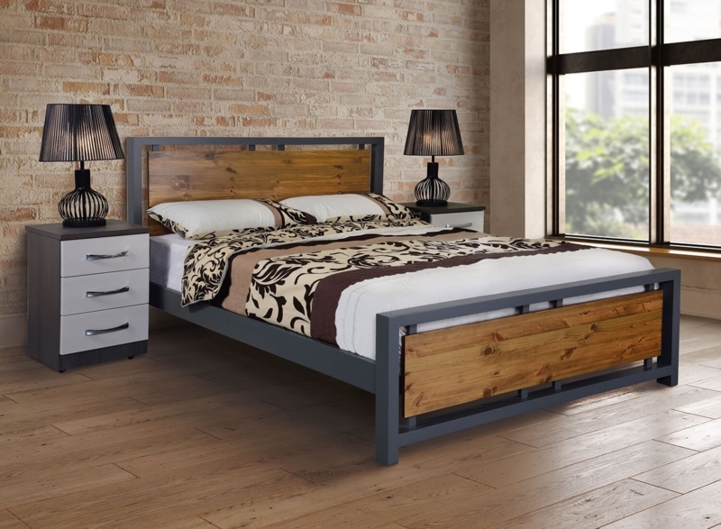 Urban Loft Bed Charcoal Gray Frame Inset Wood Panels Mixed Material