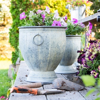 Urn Planter Weathered Gray Fluted Texture Ring Handles Footed