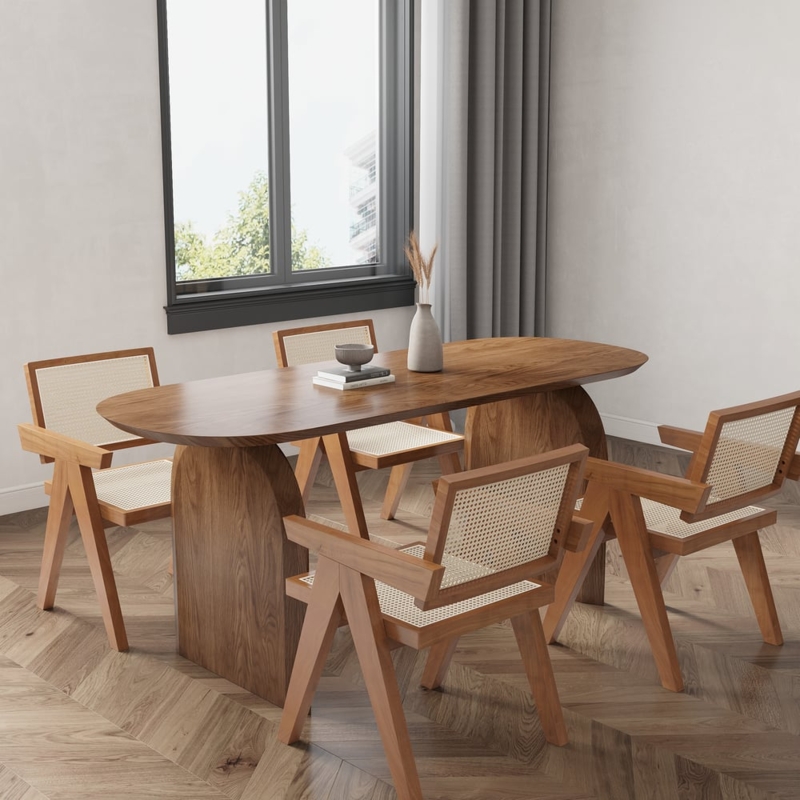 V-Leg Wood Armchair Dining Set in Walnut with Rattan Cane