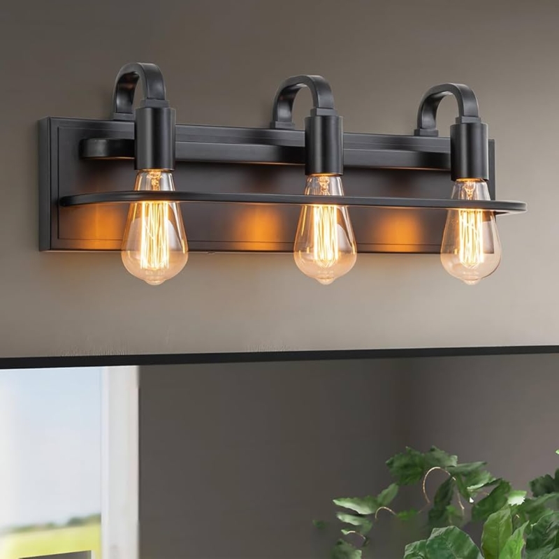 Vanity Light: Matte Black 3-Light Sconce featuring Horizontal Guard Rail