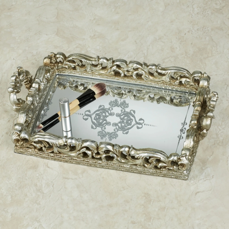 Vanity Tray, Aged Silver, Etched Mirror Medallion, Scrolled Filigree Frame