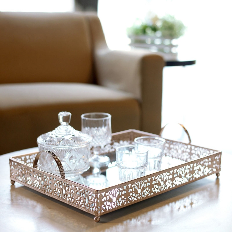 Vanity Tray, Rose Gold, Fleur de Lis Cutouts, Mirrored Base, Ball Feet