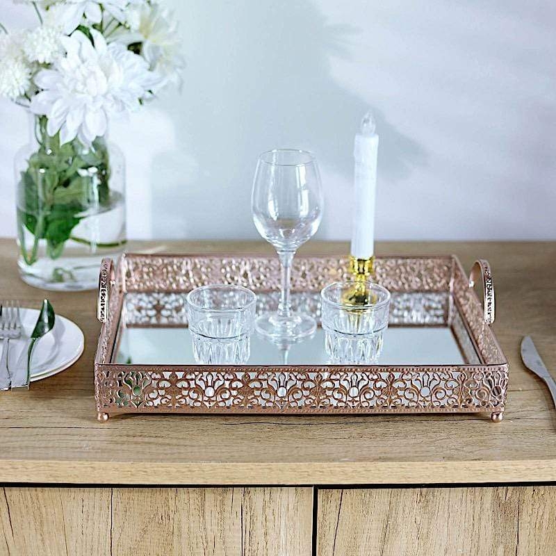 Vanity Tray, Rose Gold, Fleur de Lis Trim, Curved Handles, Mirrored Base