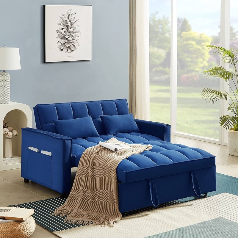 Velvet Sleeper Loveseat, Royal Blue with Fabric Pull Handles and Pockets