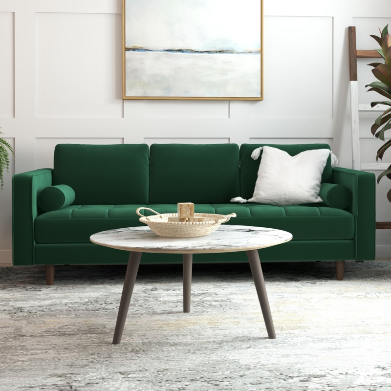 Velvet Sofa Emerald Green Tufted Seat Bolster Pillows Tapered Legs