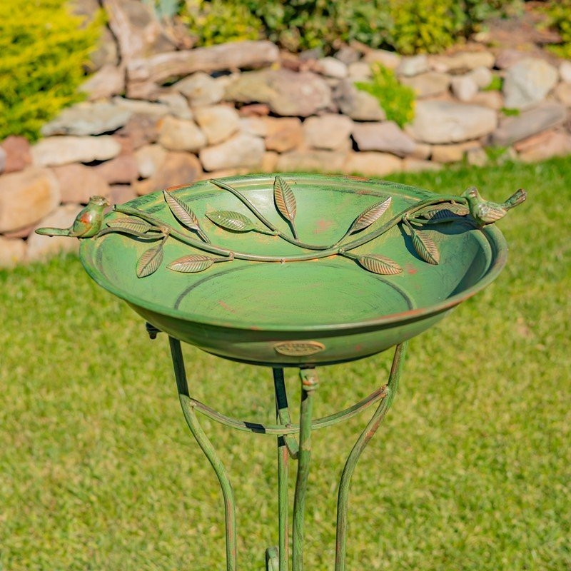 Verdigris Metal Bird Bath Pedestal with Embossed Leaf Basin