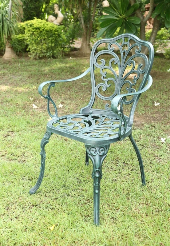 Verdigris Metal Patio Armchair with Ornate Scrollwork Back and Filigree Seat
