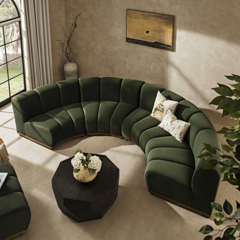 Vertical Channel Tufted Curved Couch in Moss Green Velvet