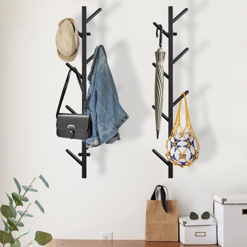 Vertical Coat Rack Set Matte Black Metal Staggered Hooks