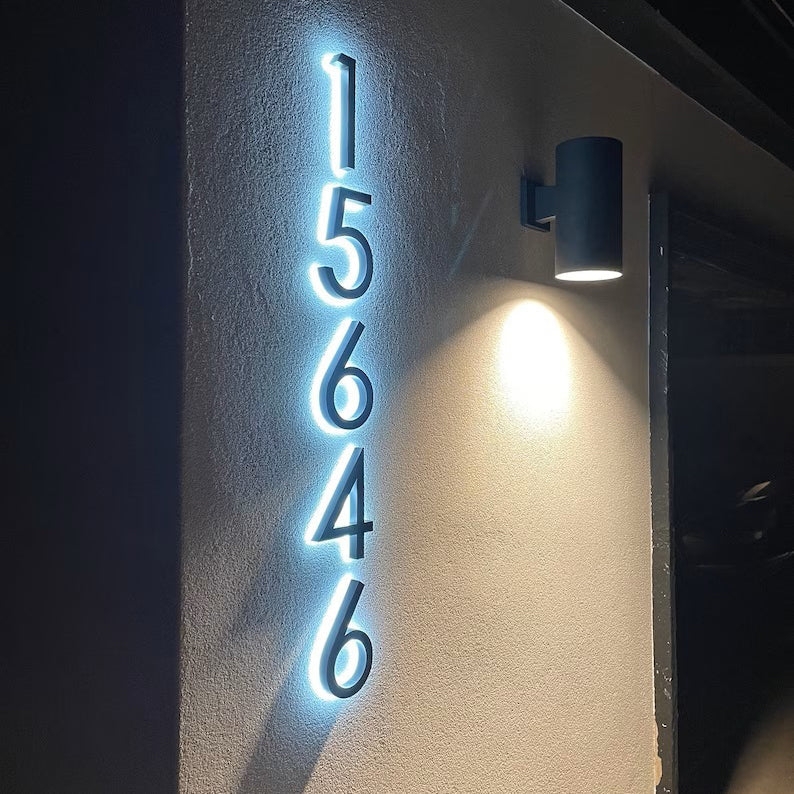 Vertical Halo Lit House Numbers with Cylinder Sconce Downlight