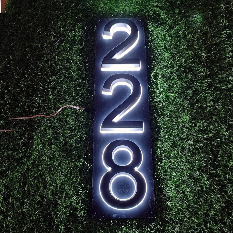 Vertical Illuminated Address Sign, Matte Black Halo Backlit, Cool White