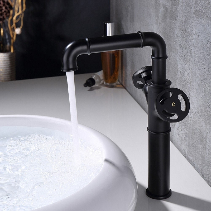 Vessel Sink Faucet: Industrial Hand Wheel Handles in Matte Black Finish