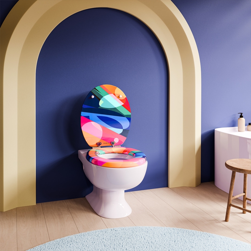 Vibrant Designer Toilet Seat: Contemporary Abstract Graphic Print Lid.