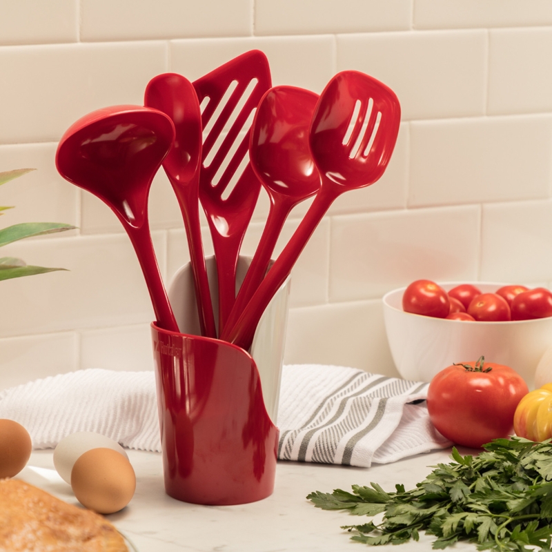 Vibrant Red 6-Piece Kitchen Utensil Set with Storage Crock
