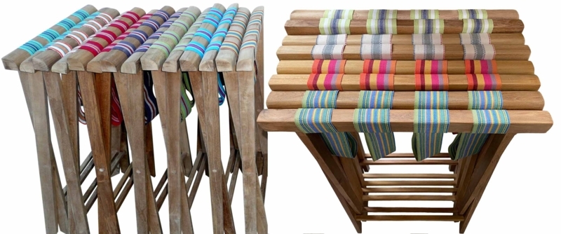 Vibrant Striped Folding Wood Luggage Rack with Multi-Colored Webbing