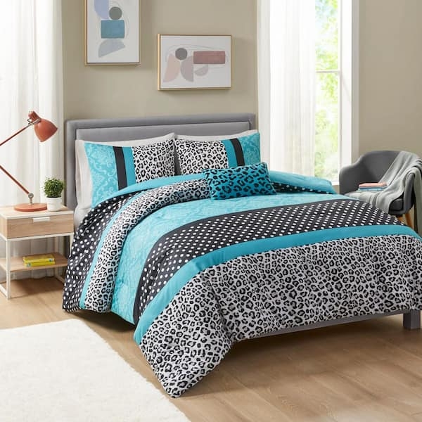 Vibrant Teal Comforter Set with Mixed Leopard & Polka Dot Patterns
