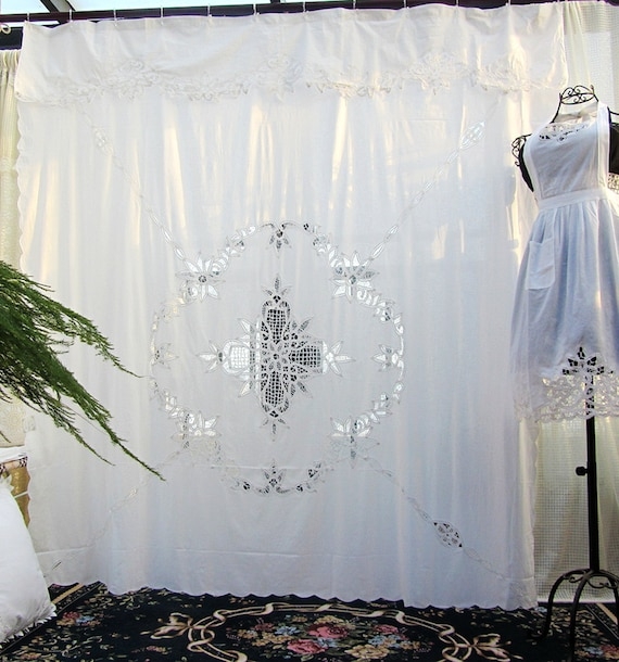 Victorian Battenburg Lace Shower Curtain White Cotton Central Medallion